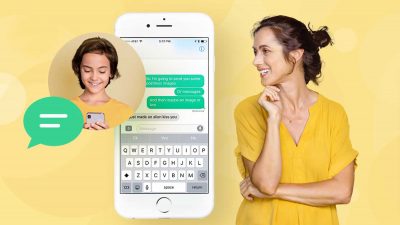 Mother using a parental control phone tracker app to monitor her child’s text messages