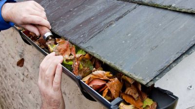 Man cleaning leaves from a gutter