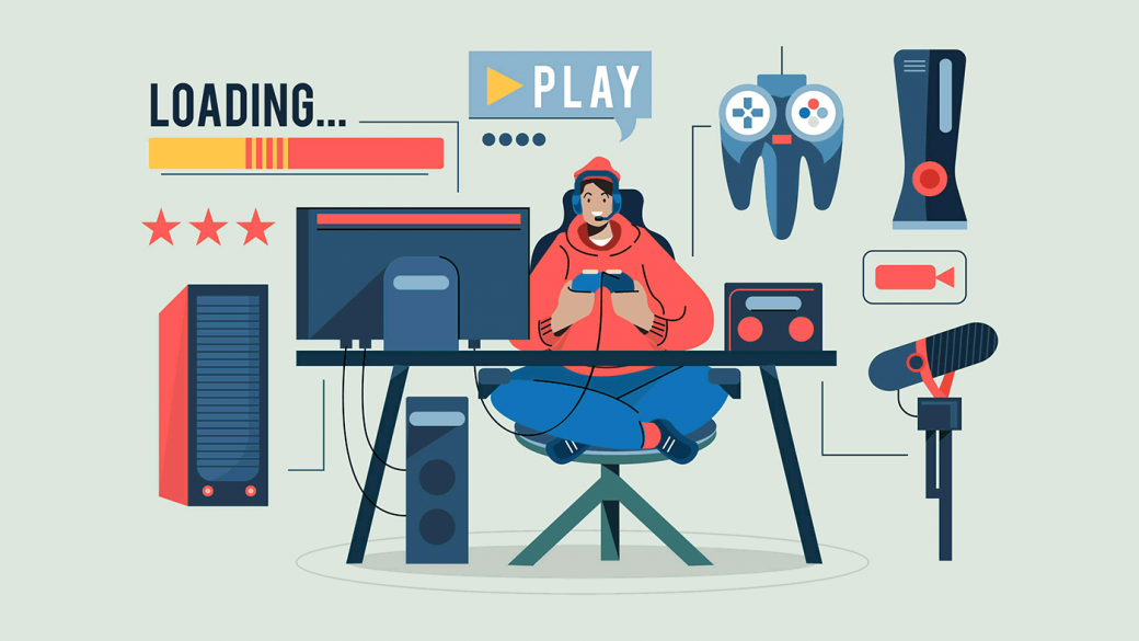 Illustration showing a gamer playing video games with a controller