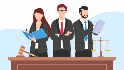 Illustration showing three lawyers behind a desk