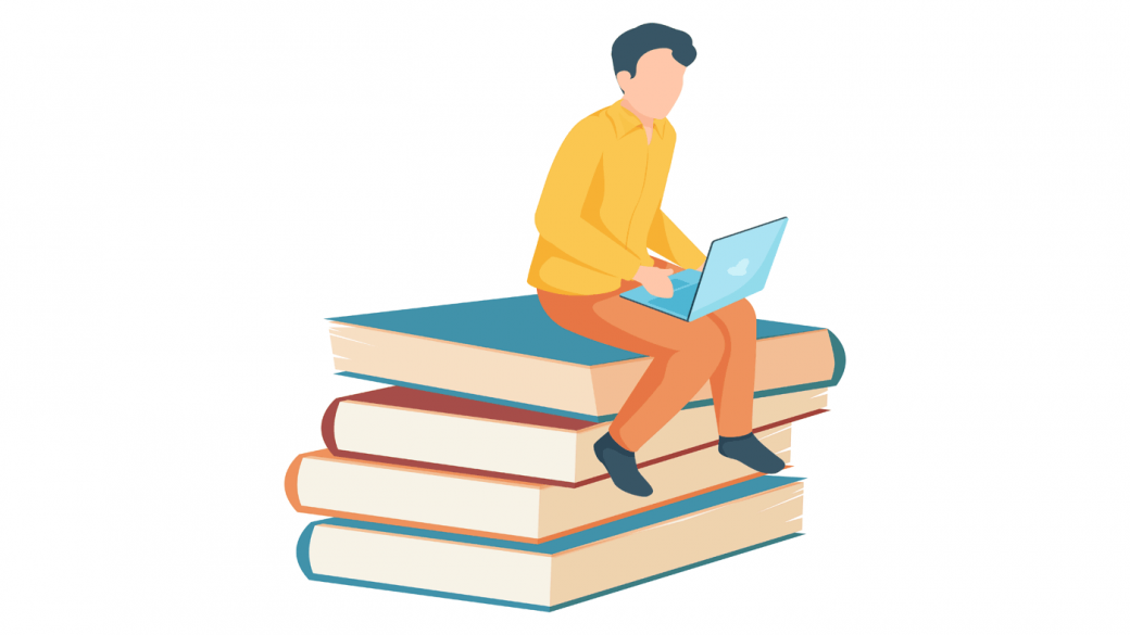 Illustration showing a student sat on a pile of giant books using a study app on their laptop