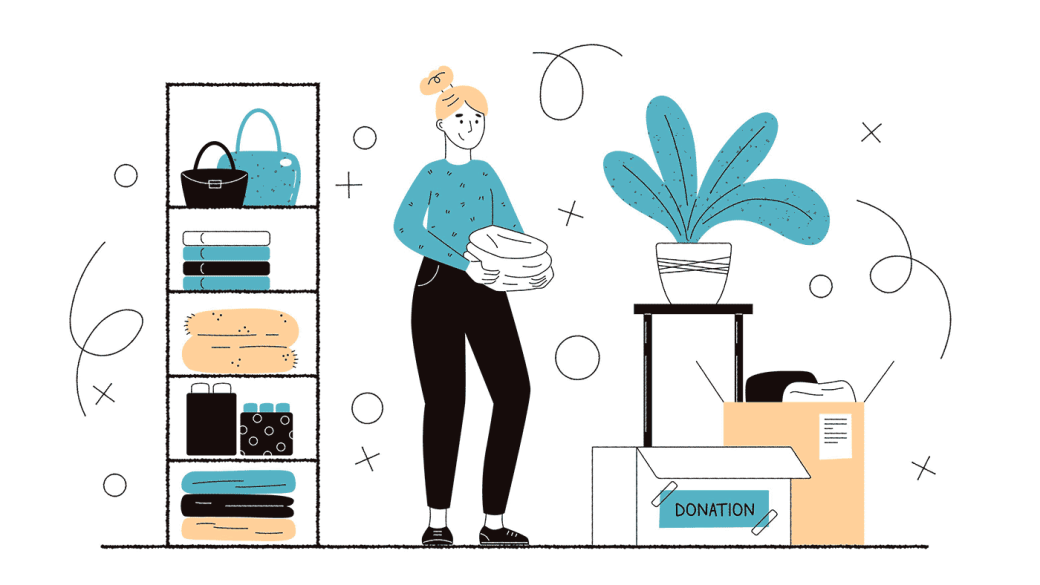 Illustration showing a hoarder donating some unused items to charity to declutter their home