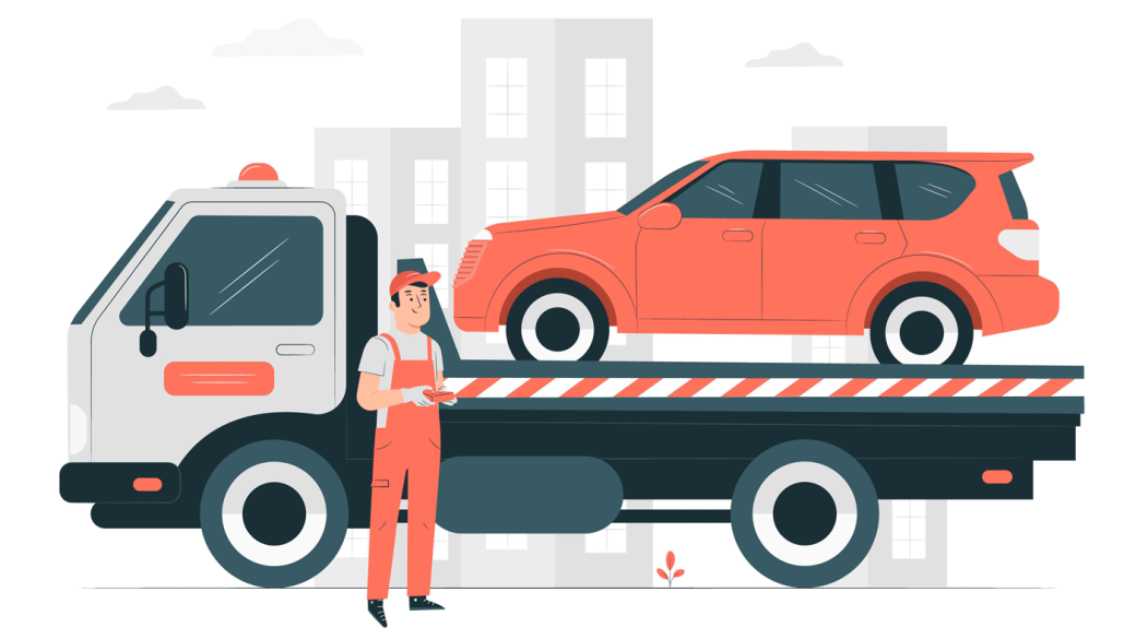 Illustration showing a broken-down car being loaded onto a tow truck
