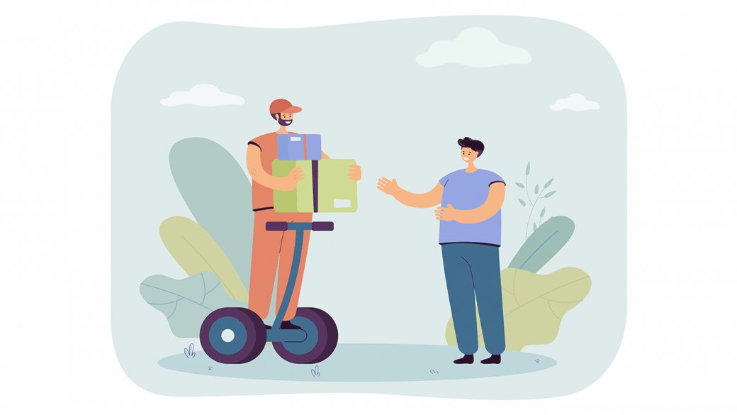 Illustration showing a courier delivering a parcel on a Segway