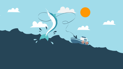 Illustration showing a fisherman catching a marlin in open water