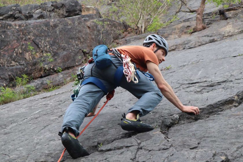 Tracking a slabby trad climb with the Coros Vertix 2 carabiner attached to my harness