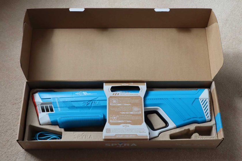 The plastic-free box that the SpyraThree electric water blaster ships in