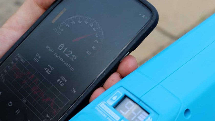Sound level meter recording a reading of 65dB for each shot fired from the SpyraThree water blaster
