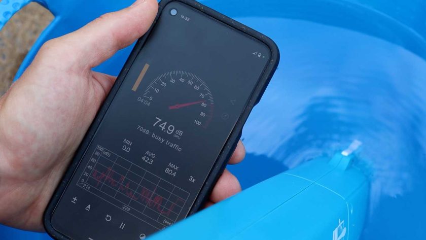Sound level meter recording a reading of 75dB for the SpyraThree electric water pump