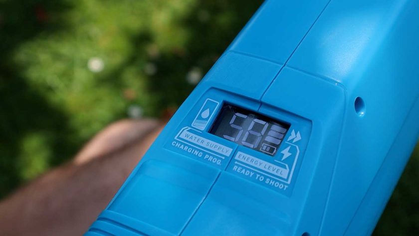 Tactical display of the SpyraThree electric water blaster showing the remaining water level and battery life 