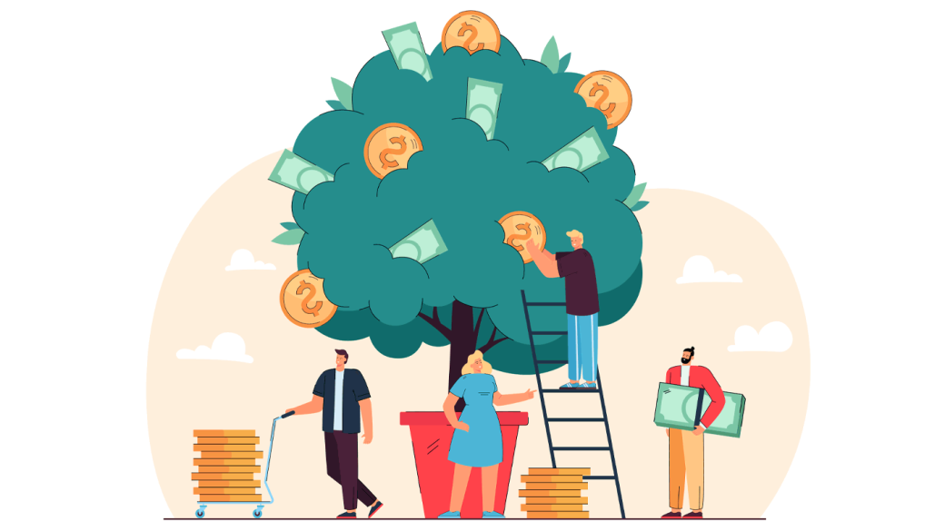 Illustration showing a group of investors growing a money tree