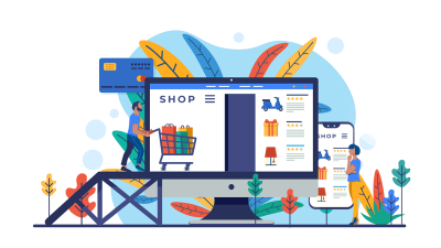 Illustration showing two people online shopping