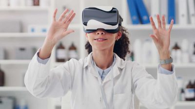 Student nurse practising using a virtual-reality headset
