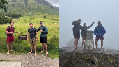 Three men in hiking gear, barefoot, pose by a trail sign in a green landscape; later, they stand triumphant on the UK's biggest mountain after their barefoot climb, surrounded by mist.