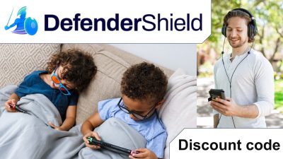DefenderShield logo at top, two children using tablets on a couch with EMF blanket, and a man with air tube headphones using his phone outdoors; "DefenderShield discount code" text featured at bottom right.